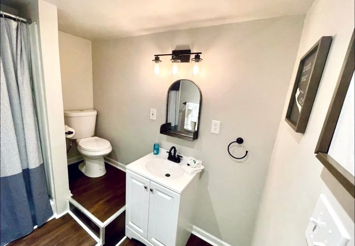 This image captures a fresh, modern bathroom with a well-lit vanity featuring a large mirror, an elegant sink, a sleek light fixture, a toilet, and a shower with a curtain. Natural morning light streams in through the window, highlighting the clean lines and crisp finishes of the space.