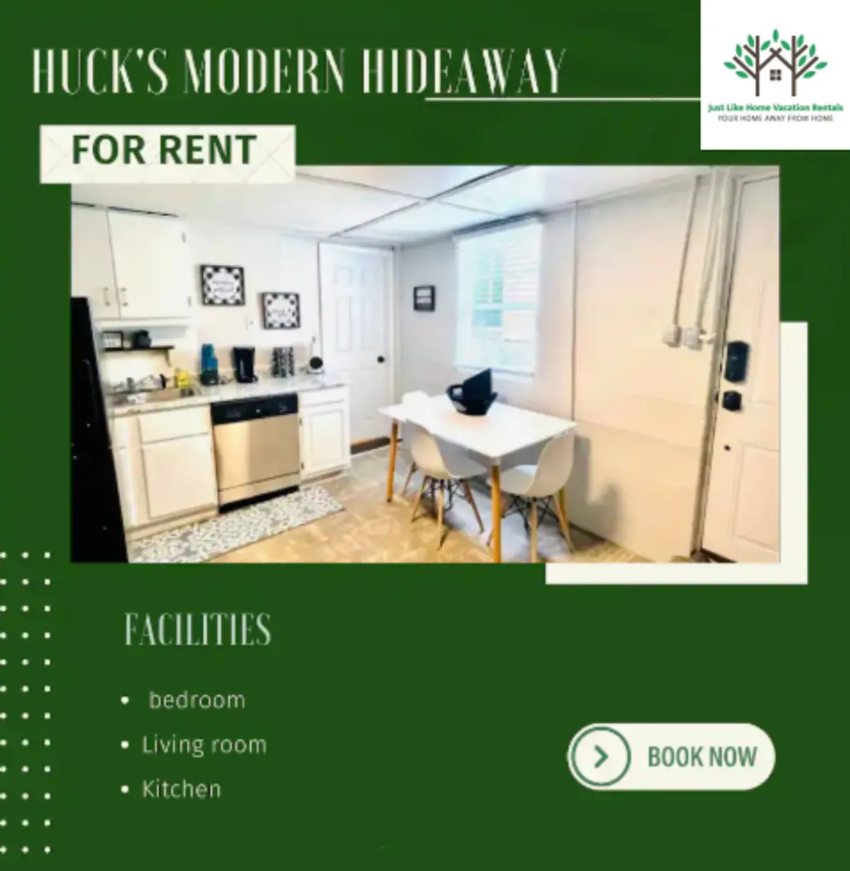 The image shows a bright, modern interior featuring a well-equipped kitchen with sleek appliances, a cozy dining table set for two, and inviting decorative wall art. The space feels fresh, open, and thoughtfully designed for comfort and socializing, ideal for couples or solo travelers.
